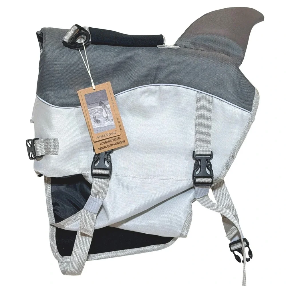 AmzNova Dog Life Jacket Gray Shark Fin Pet Safety Vest Adjustable SM/MD NEW